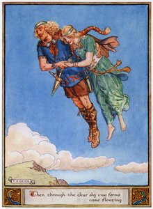 「その後、澄んだ空に2つの形が浮かんでくる」、イラスト、「アスガルドの英雄、スカンジナビア神話の物語」、1930年A und E Keary 作： Charles Edmund Brock